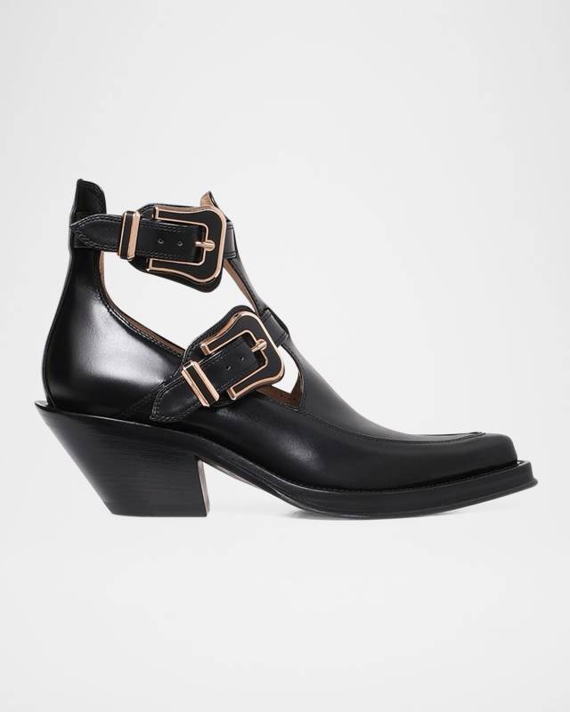 Leather Buckle Cutout Ankle Booties